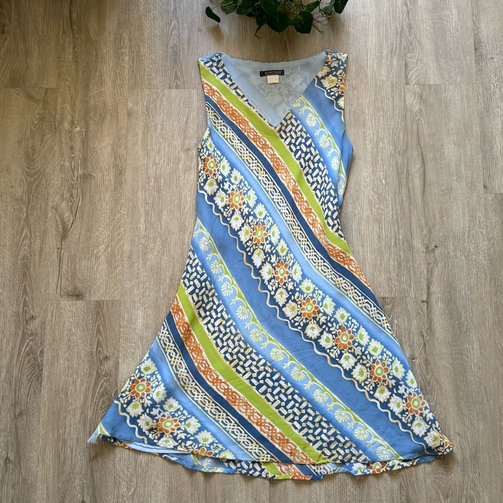 Vintage y2k Blue Floral Abstract Print Midi Dress Sz Small